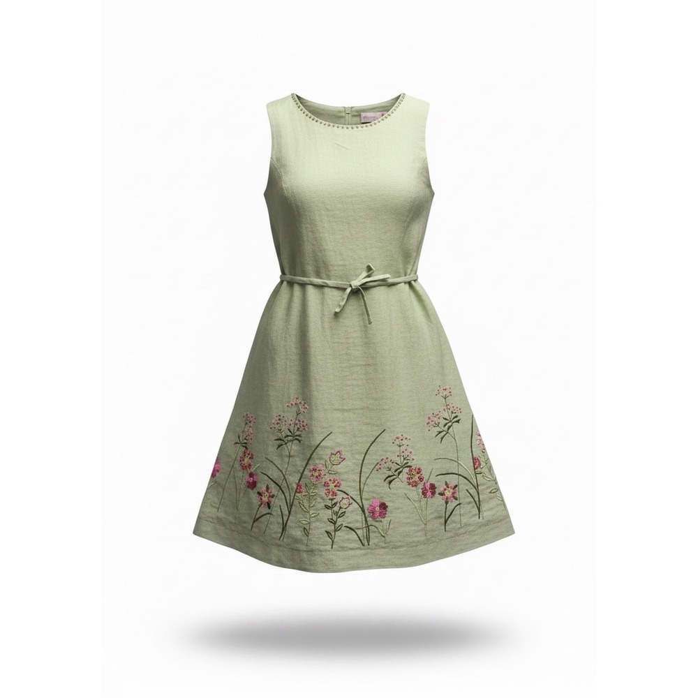 Emma's Garden Girls Sage Green Linen Floral Embroidered Sequin Dress Size 8